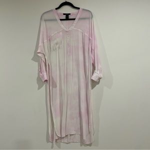 Smythe pink & white tie dye long sleeve v neck maxi tunic blouse top heart sz XS